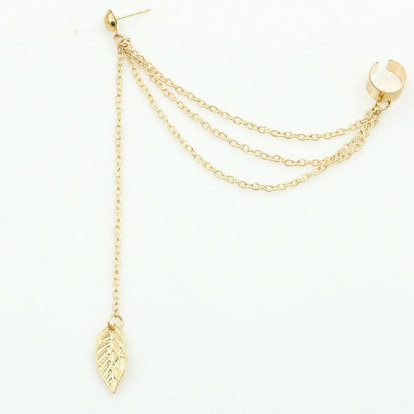 1Pc Little Gems Rhinestone Punk Rock Style Women Young Gift Leaf Chain Tassel Earrings Gold, Silver