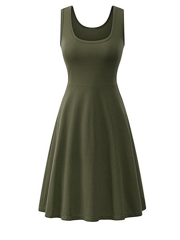 Fashion Sleeveless Pure Color Square Neck Weekend Casual Swing Dress For Womens