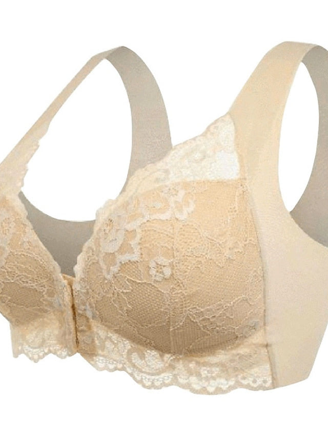 Women's Lace Bras Fixed Straps Sheer Bras Full Coverage V Neck Breathable Lace Pure Color Front Closure Date Casual Daily