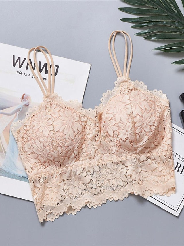 Women's Wireless Bras Fixed Straps Full Coverage Scoop Neck Breathable Lace Pure Color Pull-On Closure Date Casual Daily Nylon Sexy 1PC White Black , Bras & Bralettes , 1 PC