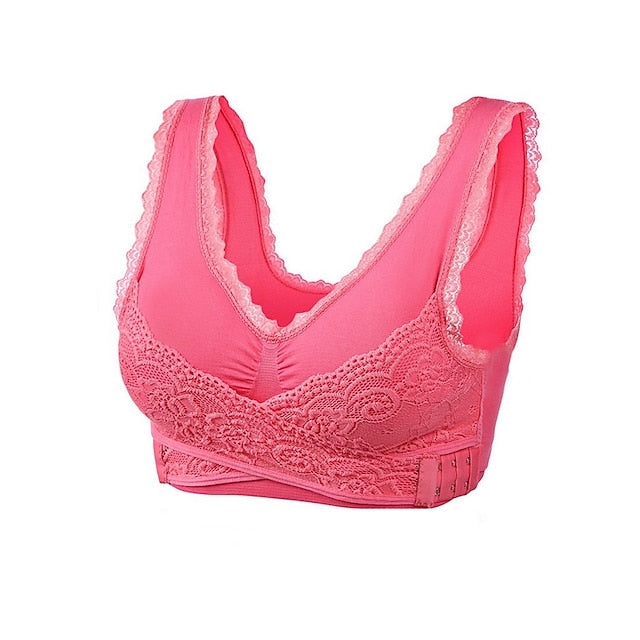 Women's Oversized Lace Sports Bras Cross Front Side Buckle Wire Free Bra Yoga Workout Activewear
