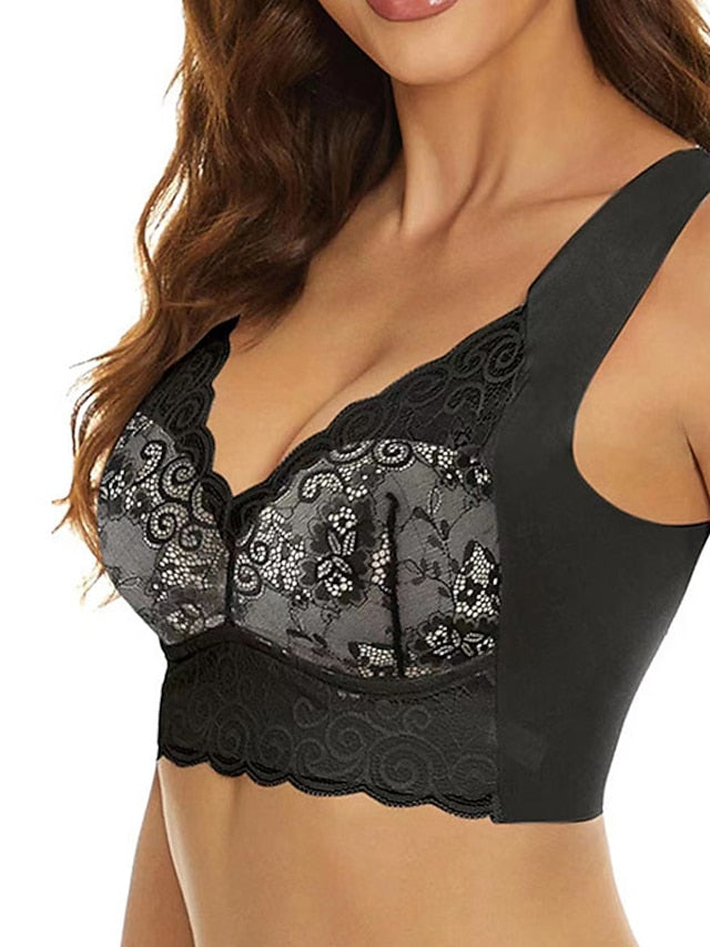 Women's Wireless Bras Padded Bras Full Coverage V Neck Breathable Push Up Lace Pure Color Pull-On Closure Date Casual Daily Nylon