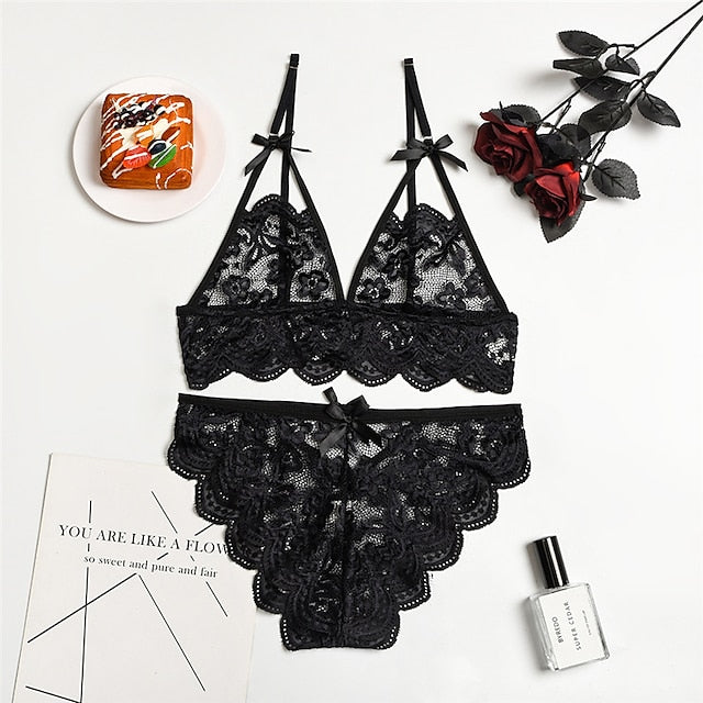Women‘s Christmas Lingeries Gift Lace Bras Fixed Straps Sheer Bras Triangle Cup V Neck Breathable Lace Hook & Eye Date Casual Daily Sexy 1 set White Black , Bra & Panty Set
