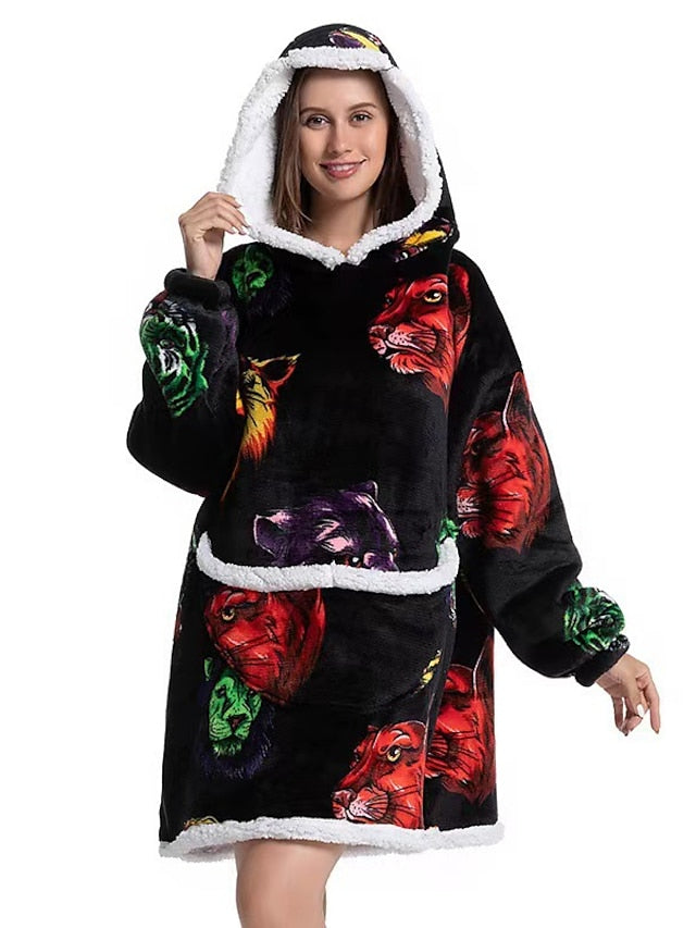 Women's Oversized Plush Hoodie Blanket Pajamas - Winter Wearable Nightgown with Pockets