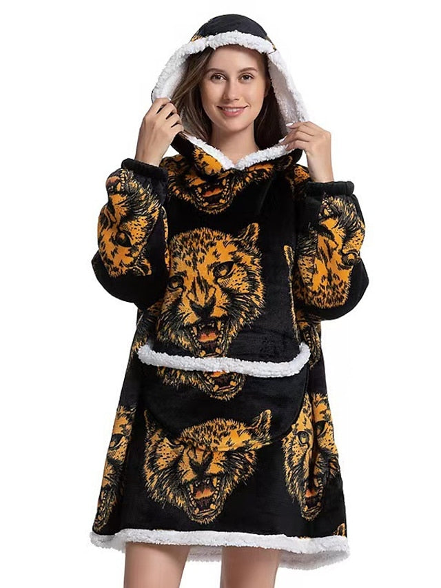 Women‘s Couple‘s Pajamas Nightgown Wearable Blanket Winter Hoodie Blanket Animal Dog Comfort Oversized Plush Home FallVacation Flannel Secondary image