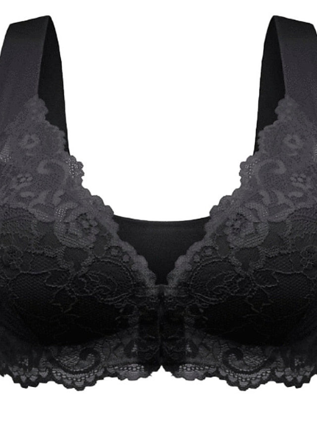 Women's Lace Bras Fixed Straps Sheer Bras Full Coverage V Neck Breathable Lace Pure Color Front Closure Date Casual Daily