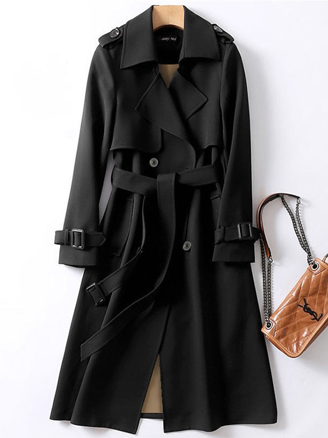 Women's Trench Coat Fall Double Breasted Lapel Long Coat with Belt Winter Warm Windproof Jacket with Pockets Maillard Secondary image