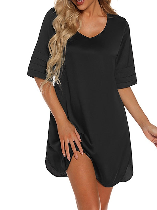 Women's Casual V-Neck T-Shirt Mini Dress - Cozy Patchwork Split Design for Home Lounge