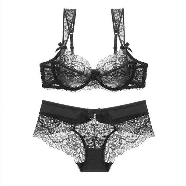 Women's Underwire Bras Padless 3,4 Cup Lace Pure Color Hook & Eye Polyester Sexy 1 set Black Purple , Plus Size , Bra & Panty Set , Plus Size