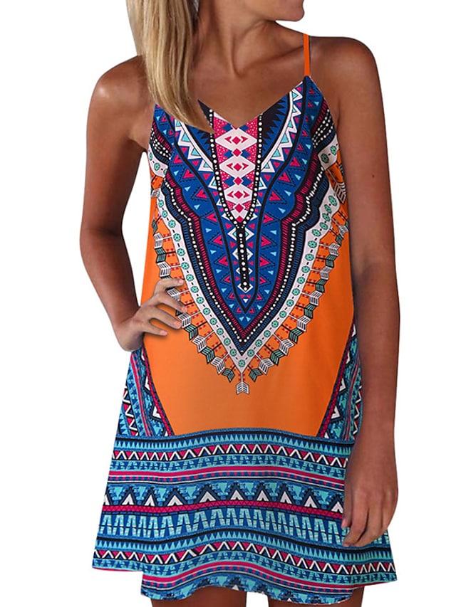 Women's Sleeveless Geometric Print Vacation Weekend Strap Dress