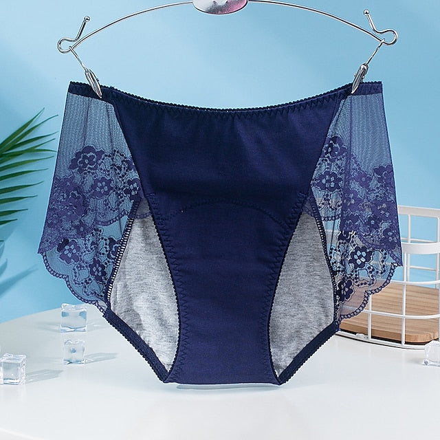 Women's Brief Underwear Period Panties 1 PC Underwear Fashion Simple Sexy Lace Pure Color Cotton Mid Waist Sexy Black Blue Pink