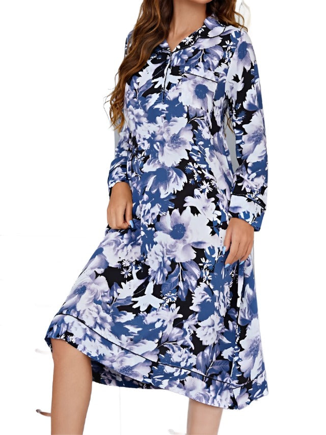Women's Cotton Nightgown - Soft, Warm, Long Sleeve Lapel Dress for Home & Bed (Winter/Fall) Main image
