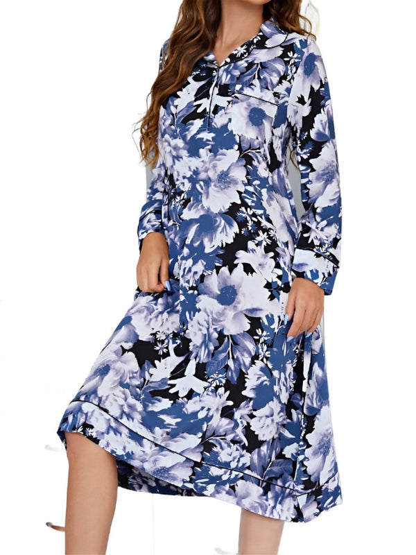 Women's Cotton Nightgown - Soft, Warm, Long Sleeve Lapel Dress for Home & Bed (Winter/Fall)