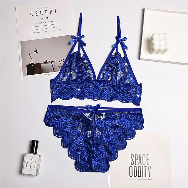 Women‘s Christmas Lingeries Gift Lace Bras Fixed Straps Sheer Bras Triangle Cup V Neck Breathable Lace Hook & Eye Date Casual Daily Sexy 1 set White Black , Bra & Panty Set