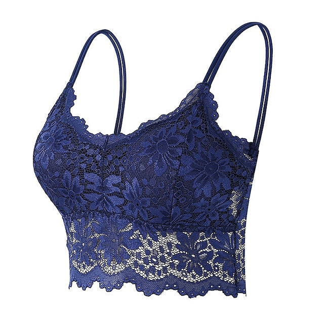 Women's Lace Bras Fixed Straps Sheer Bras Full Coverage V Neck Breathable Push Up Lace Pure Color Pull-On Closure Date