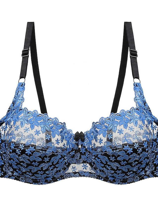 Women's Lace Bras Underwire Bras Fixed Straps Adjustable Full Coverage V Neck Breathable Push Up Pure Color Flower Floral