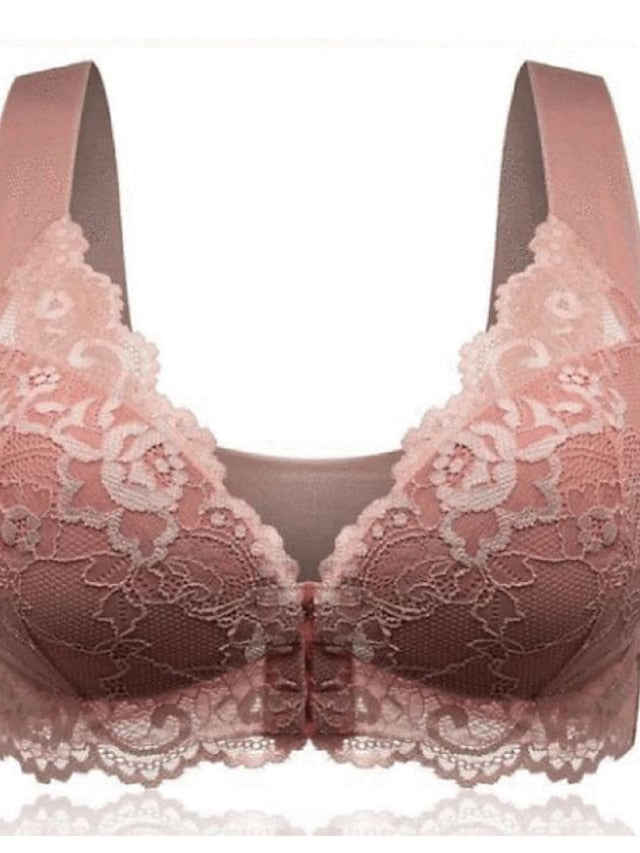 Women's Lace Bras Fixed Straps Sheer Bras Full Coverage V Neck Breathable Lace Pure Color Front Closure Date Casual Daily