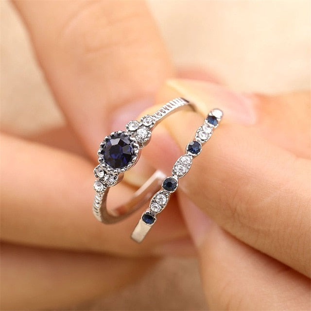 2Pcs/Lot Silver Double Rings Set Engagement Woman Cubic Zirconia Ring For Women Ladies Lover Party Wedding Jewelry - Sheseelady