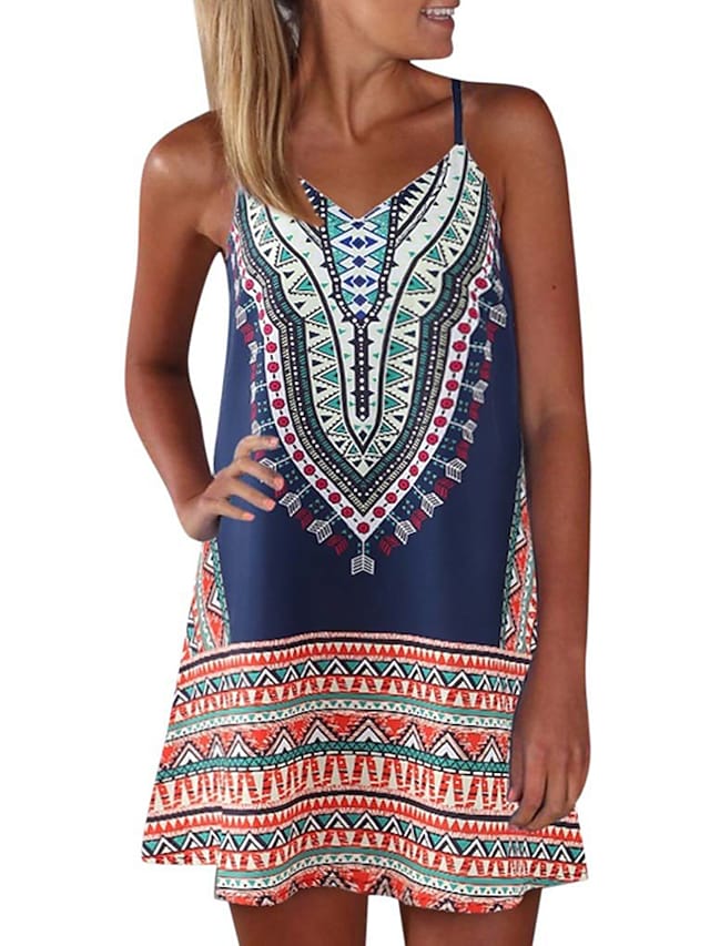 Women's Sleeveless Geometric Print Vacation Weekend Strap Dress