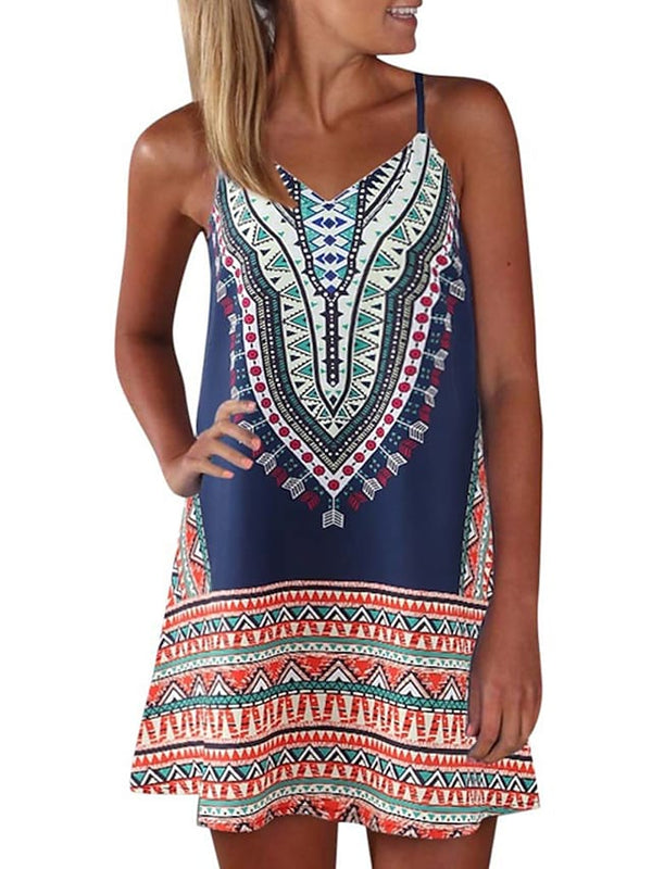 Women's Sleeveless Geometric Print Vacation Weekend Strap Dress
