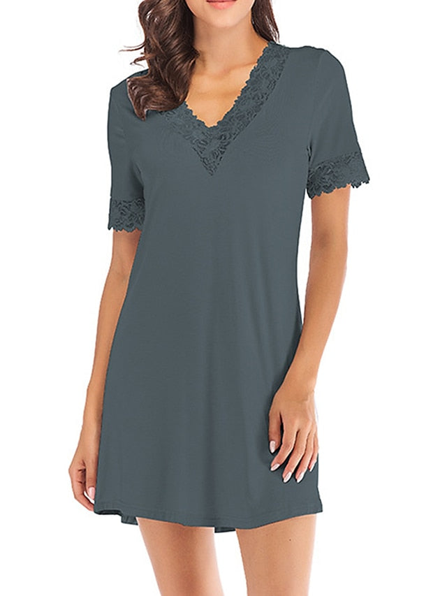 Women's Cozy Lace V-Neck Mini Dress - Casual Solid Color Lounge Wear