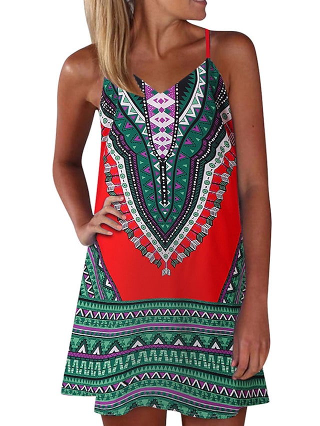 Women's Sleeveless Geometric Print Vacation Weekend Strap Dress