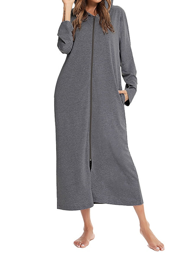 Women's Casual Midi Shift Dress with Pockets - Solid Color Hooded Lounge Wear Main image