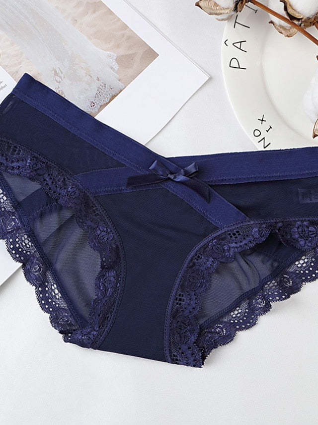 Women's Basic Panties Brief Underwear 3Pcs Comfort Mesh Hole Print Lace Pure Color