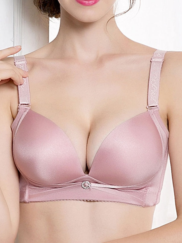 Women's Wireless Bras Double Strap Adjustable 34 Cup Deep V Breathable Push Up Pure Color Hook & Eye Casual Daily Nylon 1PC