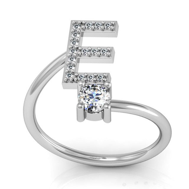 Fashion 26 Letters Silver Ring For Women Rhinestone Open Finger Rings Female Engagement Ring Jewelry Anel Party Gift - Sheseelady