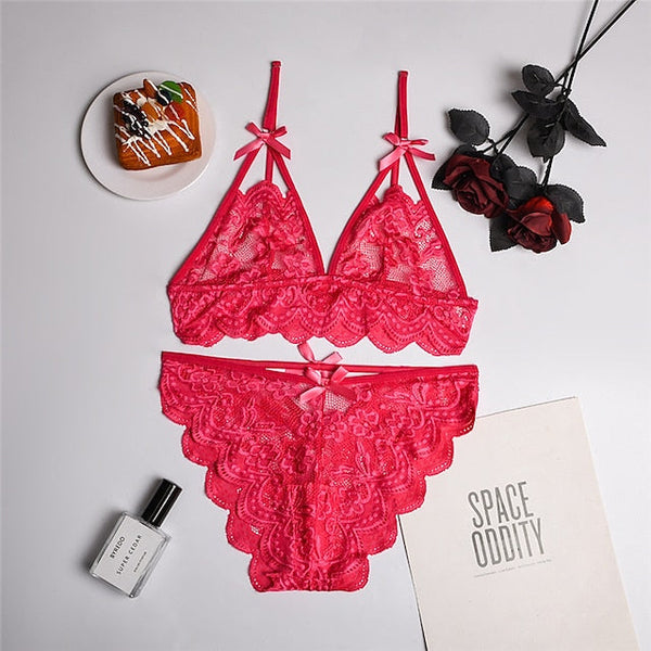 Women‘s Christmas Lingeries Gift Lace Bras Fixed Straps Sheer Bras Triangle Cup V Neck Breathable Lace Hook & Eye Date Casual Daily Sexy 1 set White Black , Bra & Panty Set