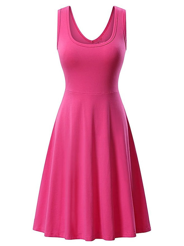 Fashion Sleeveless Pure Color Square Neck Weekend Casual Swing Dress For Womens