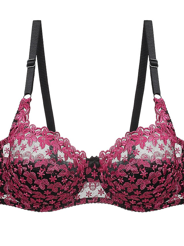Women's Lace Bras Underwire Bras Fixed Straps Adjustable Full Coverage V Neck Breathable Push Up Pure Color Flower Floral