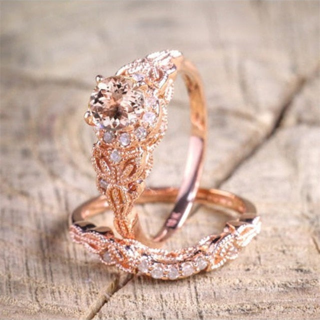 2Pcs/Lot Silver Double Rings Set Engagement Woman Cubic Zirconia Ring For Women Ladies Lover Party Wedding Jewelry - Sheseelady