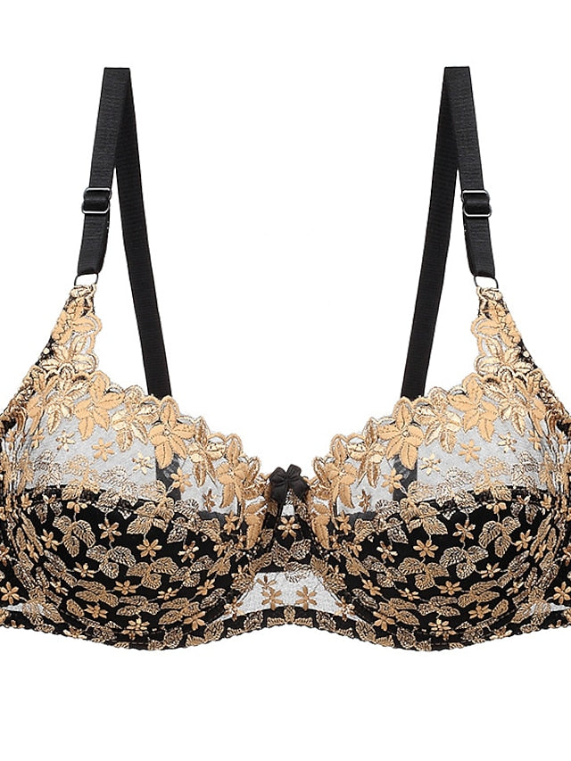 Women's Lace Bras Underwire Bras Fixed Straps Adjustable Full Coverage V Neck Breathable Push Up Pure Color Flower Floral