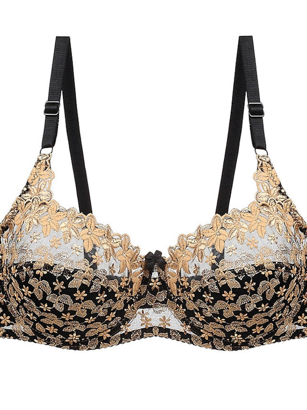 Women's Lace Bras Underwire Bras Fixed Straps Adjustable Full Coverage V Neck Breathable Push Up Pure Color Flower Floral