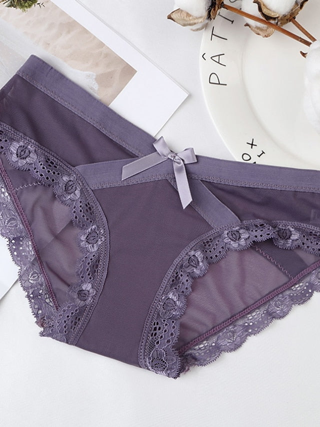 Women's Basic Panties Brief Underwear 3Pcs Comfort Mesh Hole Print Lace Pure Color