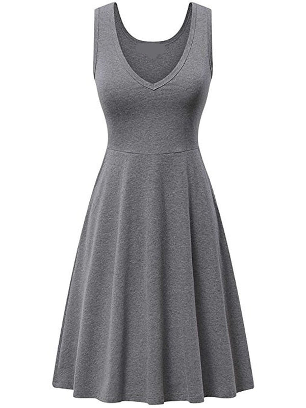 Women's Ruched Pocket V Neck Daily Sleeveless Casual Fit Dress