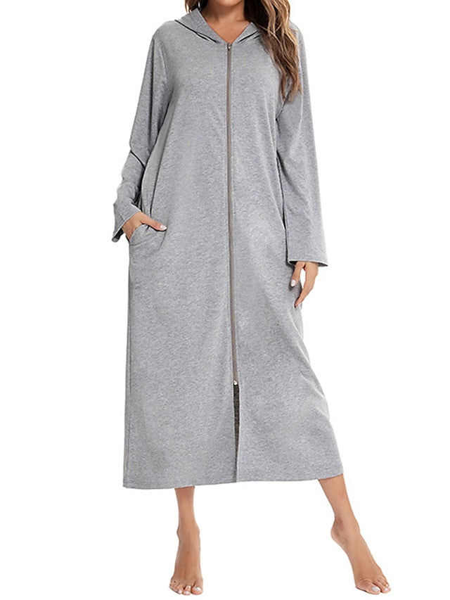 Women's Casual Midi Shift Dress with Pockets - Solid Color Hooded Lounge Wear