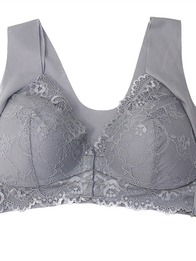 Women's Lace Bras Fixed Straps Sheer Bras Full Coverage V Neck Breathable Lace Pure Color Front Closure Date Casual Daily