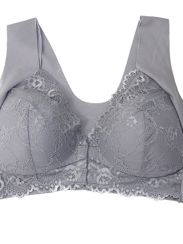Women's Lace Bras Fixed Straps Sheer Bras Full Coverage V Neck Breathable Lace Pure Color Front Closure Date Casual Daily