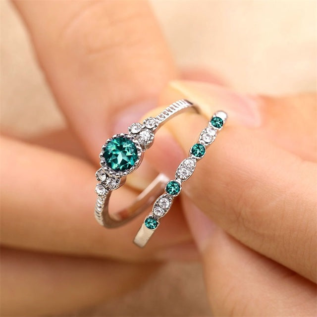 2Pcs/Lot Silver Double Rings Set Engagement Woman Cubic Zirconia Ring For Women Ladies Lover Party Wedding Jewelry - Sheseelady