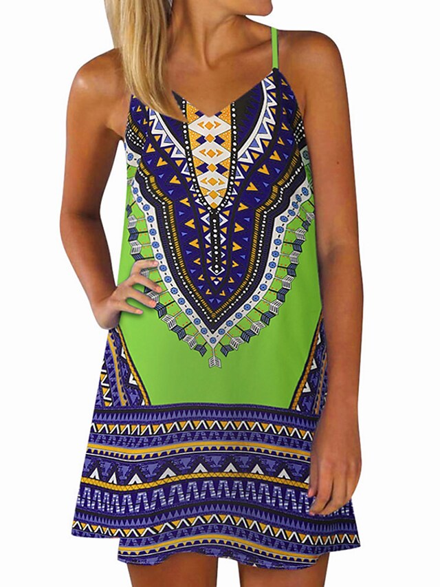 Women's Sleeveless Geometric Print Vacation Weekend Strap Dress