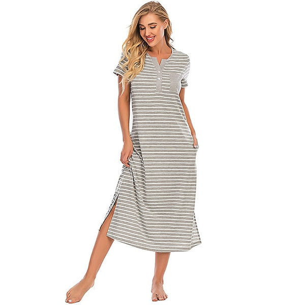 Women's Pajamas Nightgown Nighty Pjs Stripe Comfort Party Home Daily Cotton Gift Short Sleeve Spring Summer Royal Blue Grey