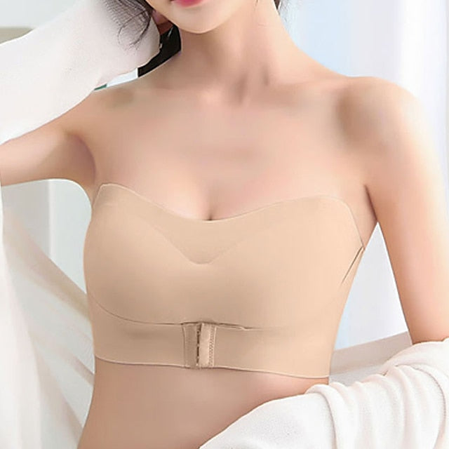 Women's Wireless Bras Padded Bras Adjustable Strapless Bras 3,4 Cup V Neck Breathable Push Up Invisible Pure Color Front Closure Date Valentine's Day Casual Daily Nylon 1PC White Black , 1 PC Main image