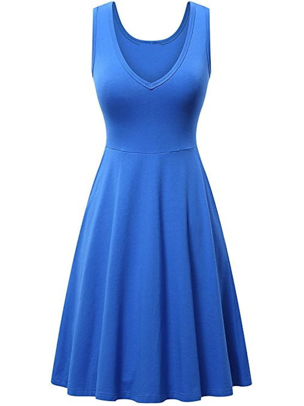 Women's Ruched Pocket V Neck Daily Sleeveless Casual Fit Dress