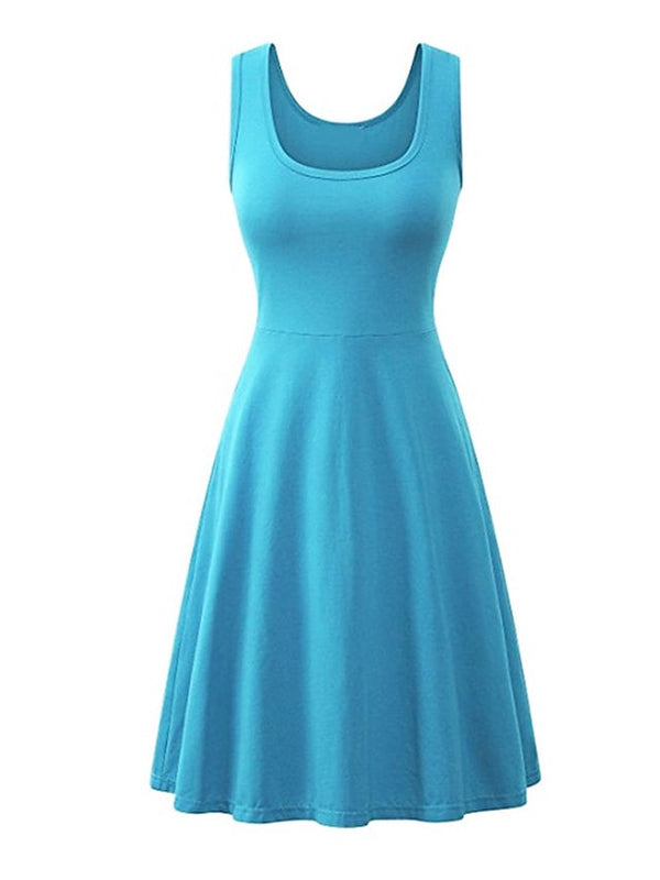 Fashion Sleeveless Pure Color Square Neck Weekend Casual Swing Dress For Womens
