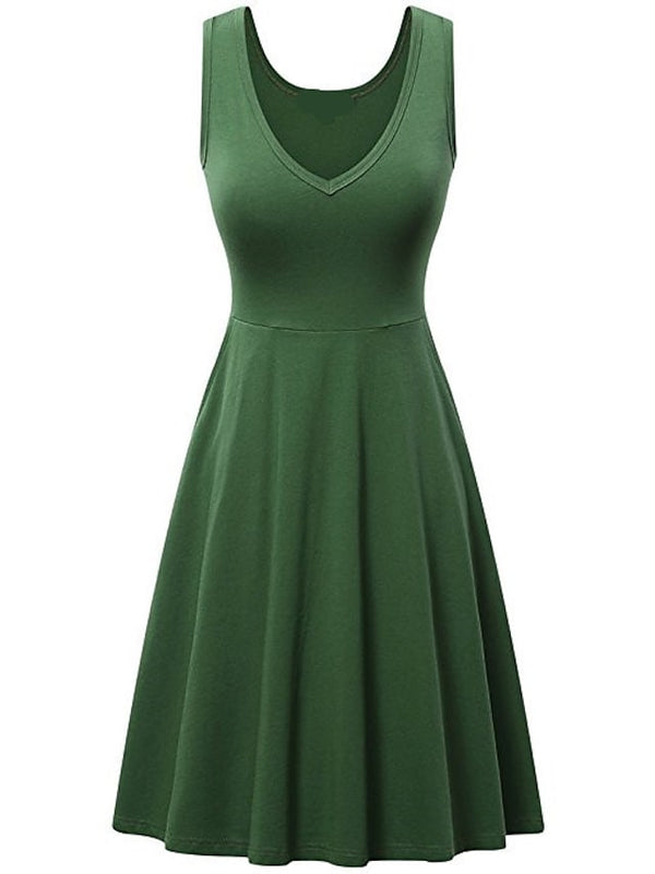 Women's Ruched Pocket V Neck Daily Sleeveless Casual Fit Dress