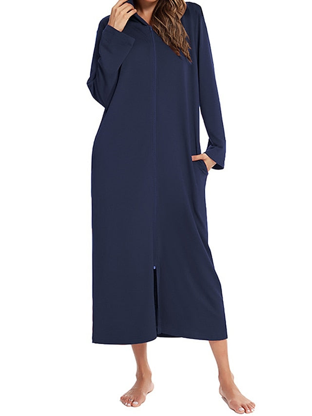Women's Casual Midi Shift Dress with Pockets - Solid Color Hooded Lounge Wear
