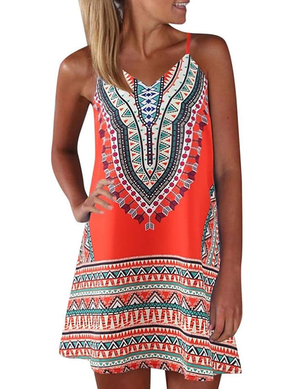 Women's Sleeveless Geometric Print Vacation Weekend Strap Dress